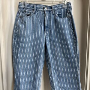 American Eagle High Rise Denim Blue and White Striped Mom Jean Size 0 Long